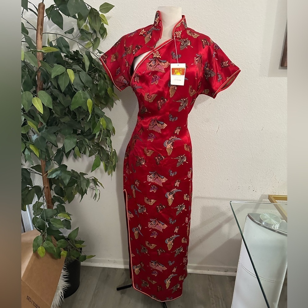 Chinese Asymmetrical Red Dress with Butterfly Design Sz 40/L